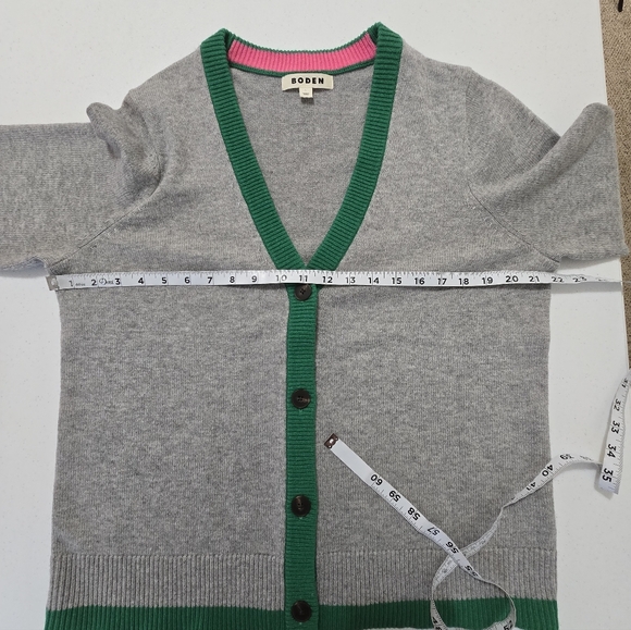 BODEN Alma Contrast Trim Cardigan Gray Green Women's Large Preppy - Picture 6 of 11